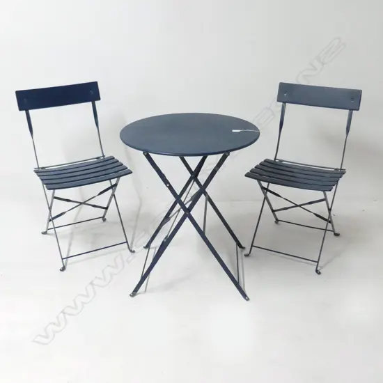 BLUE METAL FOLDING PATIO SET; PR CHAIRS + TABLE 600mm dia 