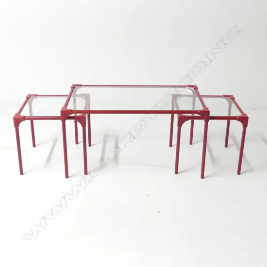 3 GLASS TOPPED RED METAL TABLES 750x450x390mm