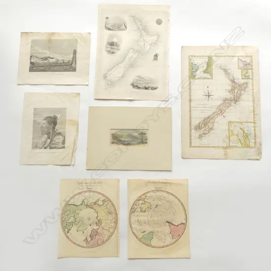 FOLIO 2 EARLY UNFRAMED MAPS OF NZ  2 OTHERS & 3 NZ ENGRAVINGS