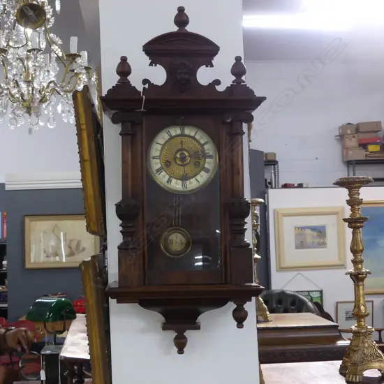 LATE-VICTORIAN REGULATOR WALL CLOCK,  DECORATED WITH CLASSICAL THEMES, ATTACHED LINTEL WITH CARVED FEMALE MASK, H.510mm
