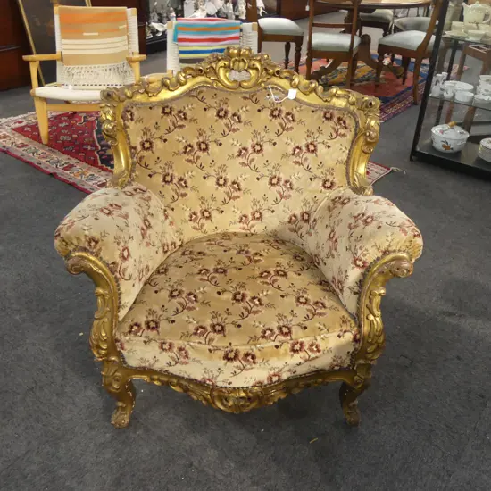UPHOLSTERED ARM CHAIR, ORNATE GOLD FRAME 940x700x950mm