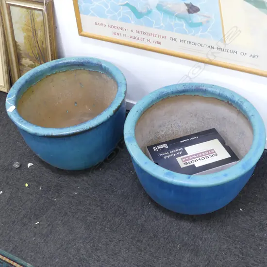 PR LG BLUE GLAZED GARDEN POTS H.350mm, 555mm dia WITH SUPPORTS