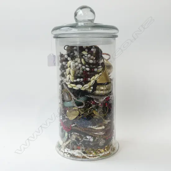COSTUME JEWELLERY IN TALL GLASS CONTAINER H.420mm