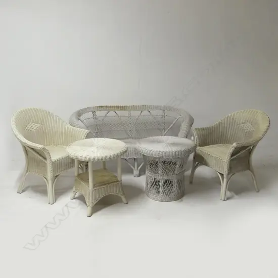 5 PCE WHITE PAINTED CANE PATIO SET; LOVESEAT, PR CHAIRS, 2 SIDE TABLES