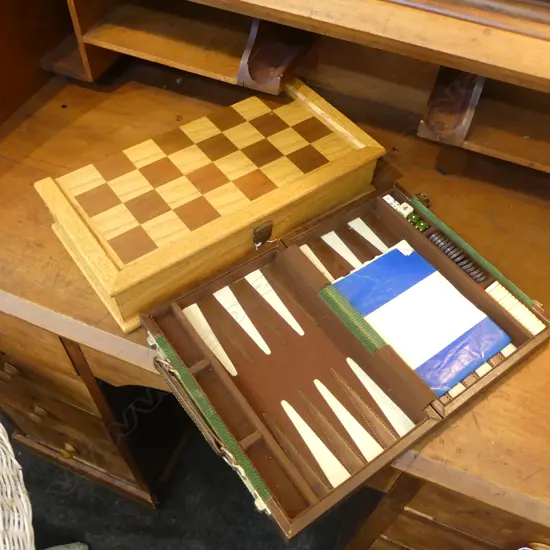 WOODEN CHESS SET, BACK GAMMON CASED