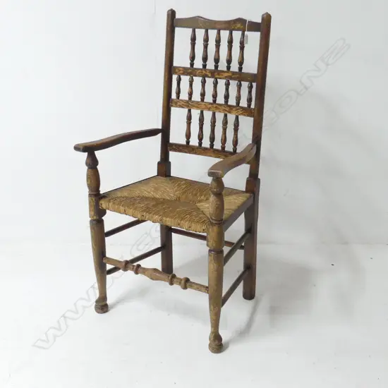 20thC OAK TRADITIONAL LADDER BACK CARVER/ARM CHAIR W RUSH SEAT