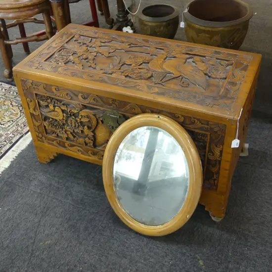 LG CARVED CAMPHOR CHEST + OVAL MIRROR INSIDE