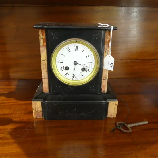 BLACK SLATE ANTIQUE MANTLE CLOCK H.220mm w. pendulum & key...