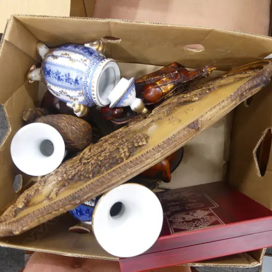 ASST. RESIN PCES; LG ORIENTAL OVAL PLAQUE 350x640mm, KIWI, MAORI WARRIOR + BOXED CHINESE SCARVES, 3 PORCELAIN VASES