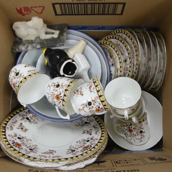 ASST. CERAMICS; 3 ORIENTAL B/W BOWLS, TEA SET ETC