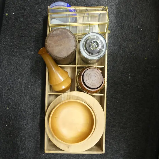 ASST. WOODEN ITEMS; COASTERS, BOWLS, CANDLESTICK H.265mm, TRAY 615x245mm