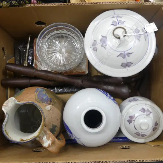 ASST. STUDIO POTTERY: 3 PCES CAMPBELL HEGAN; 2 LIDDED JARS. H.230mm, VASE + ASST. PLATTERS & JUG ETC...
