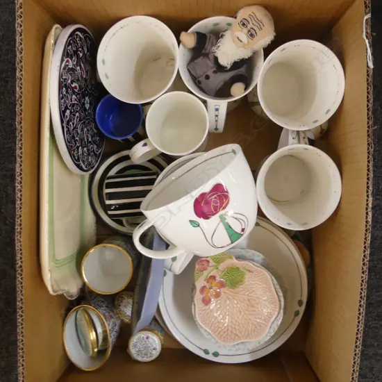 BOX LOT CHINA MUGS C/S  ETC & SMALL PCS ENAMEL