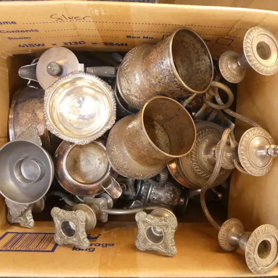 LARGE BOX LOT OF MIXED EP & PEWTER