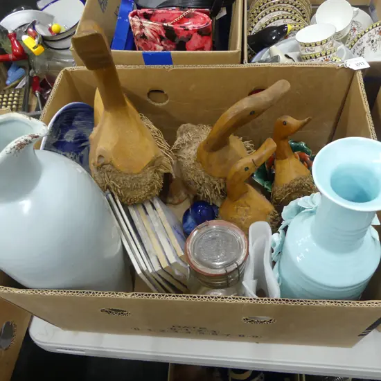 ASST. DELFT, 2 LG CELADON VASES, WOODEN DUCKS ETC