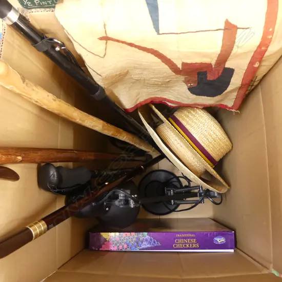BOX LOT WALKING STICKS 2 HATS LAMP ETC