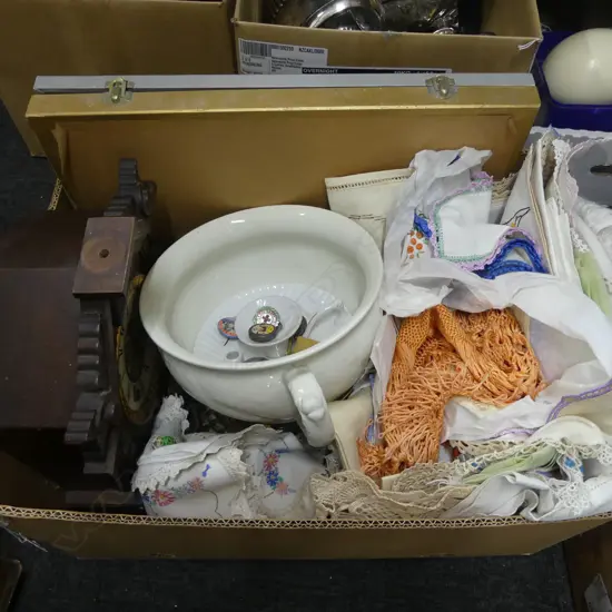 DOILIES, CLOCK, ROYAL MEMORABILIA, CUTLERY ETC