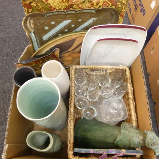 BOX LOT TRAYS STUDIO POTTERY GLASSES ETC 