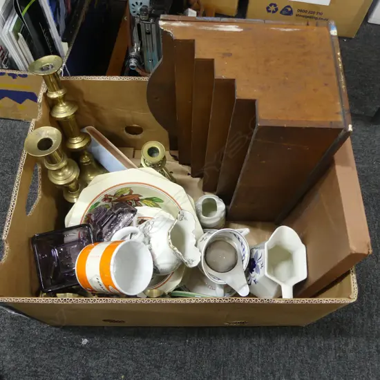 ASST. CHINA, BRASS CANDLESTICKS, WOODEN FILE RACK ETC