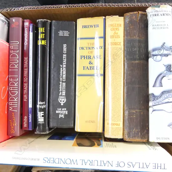 BOX LOT REF BOOKS GUNS GLASS ETC