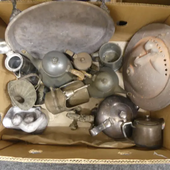 BOX OF SILVER PLATE ITEMS includes sugar scuttle w scoop + brass old Indian toy horse on wheels + pottery mask