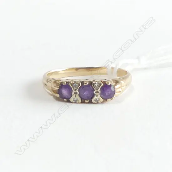 VINTAGE 9ct 3 AMETHYST & DIAMOND BRIDGE RING coronet mount 2.85gms