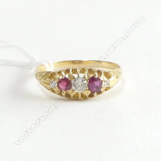 18ct GOLD early 20thC 1RUBY & DIAMOND BRIDGE RING coronet mount 3.13gms
