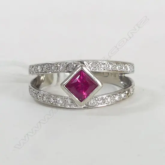 18ct WHITE GOLD RUBY & DIAMOND MODERNIST RING 1 small diamond missing 6.38gms