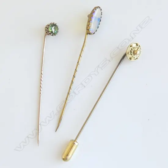 3 9ct STICK PINS: OPAL + PERIDOT ? + OTHER 3.6gms