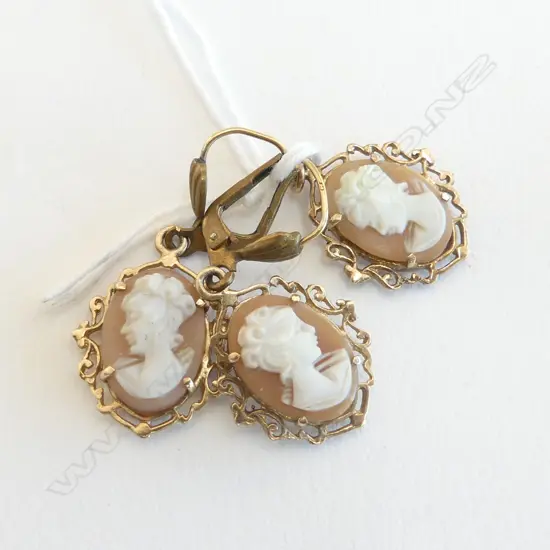 PR 9CT GOLD & CAMEO EARRINGS + MATCHING PENDANT earring fittings gold plated 5.8gms total