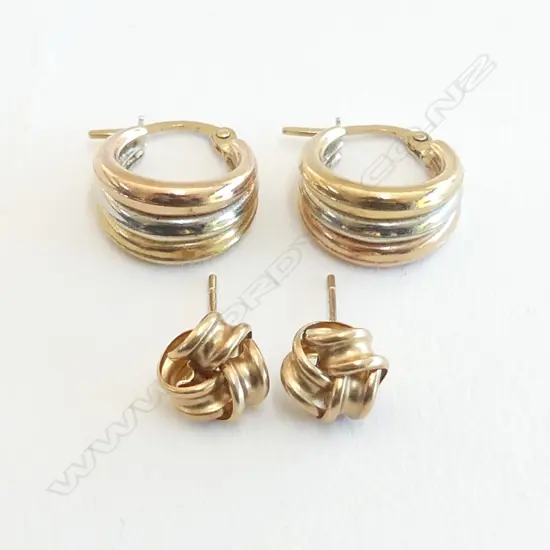 2 X PRS 9ct GOLD EARRINGS: 3 COLOUR HUGGIE TYPE + SMALL KNOTS no butterflies 2.48gms