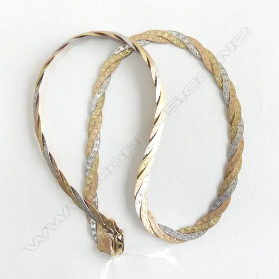vintage ITALIAN 9ct 3 COLOUR GOLD FLAT PLAITED NECKLACE 11.95gms