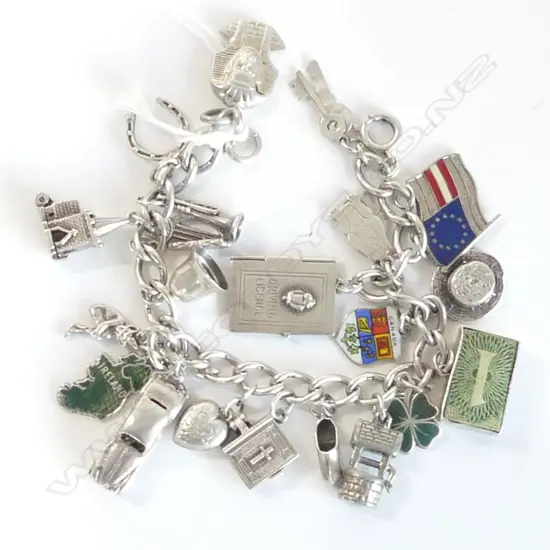 SILVER CHARM BRACELET W $1 banknote + car that opens + Irish harp