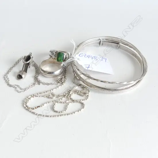 3 SILVER BANGLES 2 SILVER NECKLACES & 2 RINGS