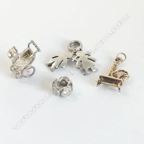 9ct SPINNING WHEEL CHARM 1.44gms + OTHER SILVER CHARMS ETC 
