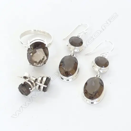 STG & SMOKY TOPAZ RING, PR EARRINGS & PR STUDS