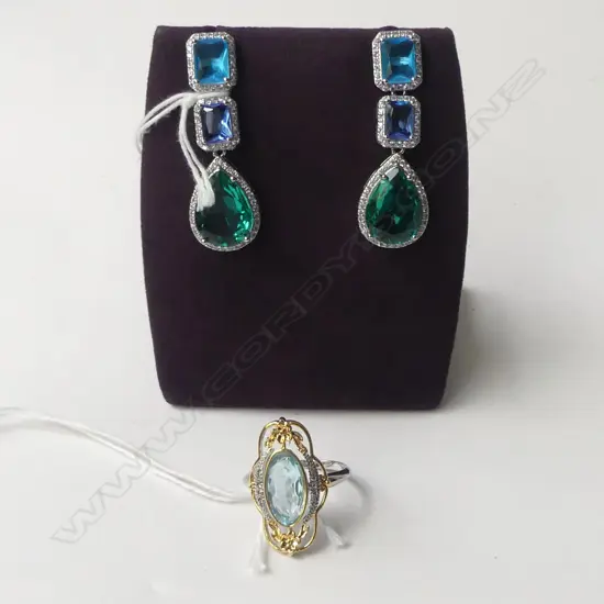 2 PC; BLUE & GREEN DROP COSTUME EARRINGS, & BLUE STONE RING, size R