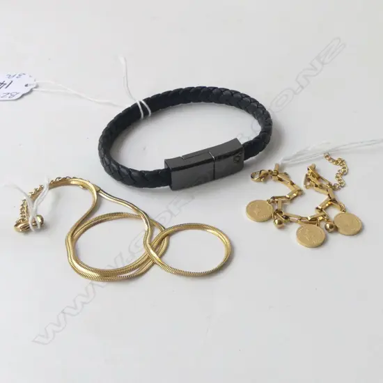 3 PC; ROPE BRACELET w USB CHARGE CABLE (type C), GOLD COLOURED BRACELET w COINS  & SNAKE CHAIN