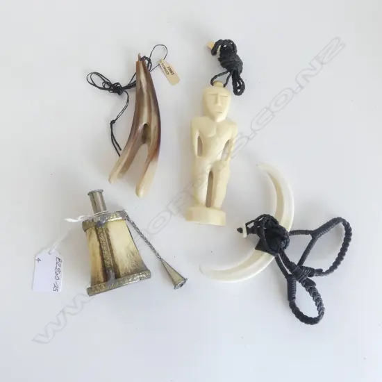 4 ITEMS, 3 NECKLACES, TONGAN WHALE BONE FIGURE, BULL HORN, TUSK & SML DECORATED ANTLER VESSEL 