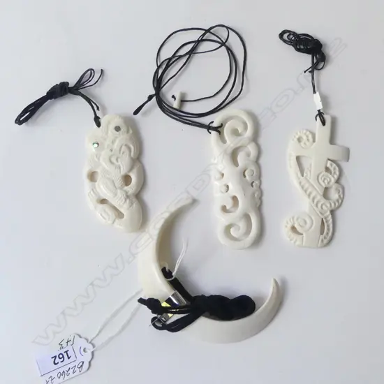 4 PCS, 3 NECKLACES w BONE CARVED PENDANTS & ONE TUSK NECKLACE, NEW