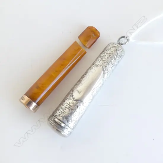 SILVER ENGRAVED EDWARDIAN CIGARETTE HOLDER CASE W broken holder w 9ct band