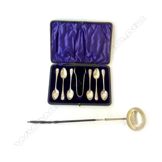 SET ART NOUVEAU TEASPOONS & SUGAR TONGS, EPNS WRN & SON & GEORGIAN SILVER TODDY LADLE
