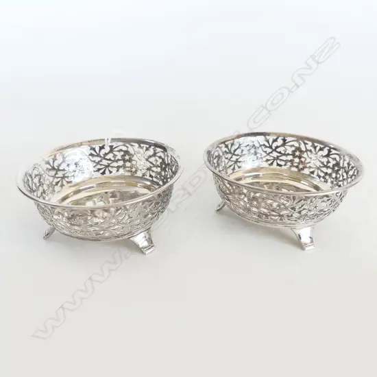 PR BIRMINGHAM 1921 SILVER BONBON DISHES pierced borders 3 legs 70gms