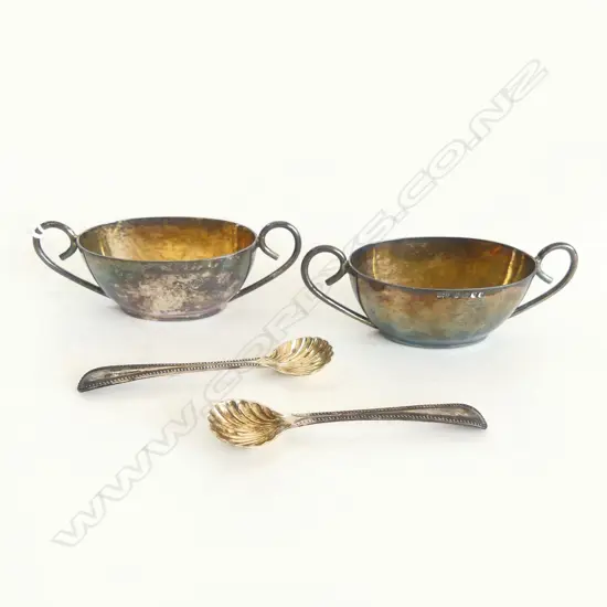 PR SILVER SALTS W SPOONS shell bowls bead pattern 79gms