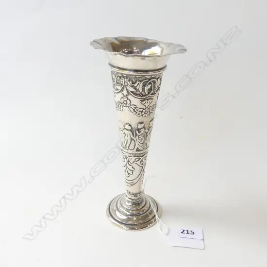 EDWARDIAN SILVER FRENCH STYLE EMBOSSED SILVER VASE London 1903 weighted base 
