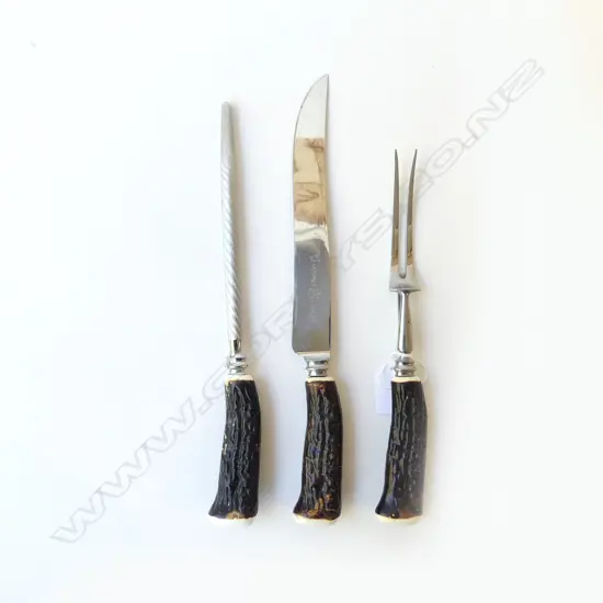 VINTAGER FAUX ANTLER 3PC CARVING SET KNIFE, FORK & STEEL BY GROSVENOR UK L.31CM