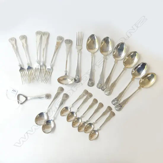 830 SILVER SET; 6 FORKS, 6 SPOONS, 6+2 TEASPOONS, LADLE & BOTTLE OPENER 495gms