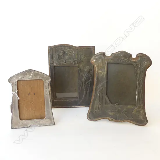 3 ANTIQUE PHOTO FRAMES, 2 EMBOSSED METAL 260x185mm + 1 STG B'HAM 1911 195x145mm