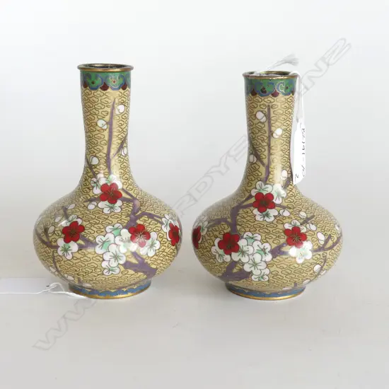 TWO OLD CLOISONNE VASES WITH BLOSSOM DECORATION. 80X130mm