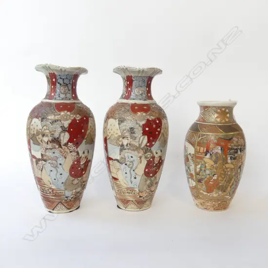 3 SATSUMA VASES; PR H.240mm + ANOTHER of better quality but hairline crack to rim